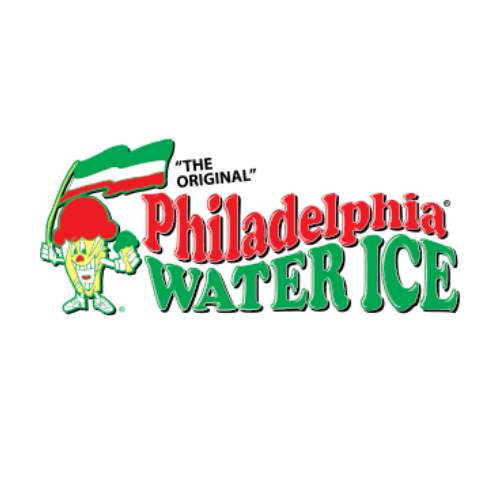 Logo for Philadelphia Water Ice, features an ice cream cone character waving a flag and the text