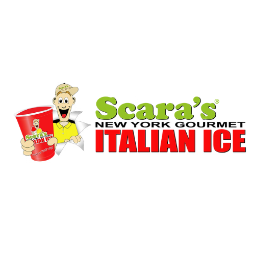 Logo for Scara's New York Gourmet Italian Ice: a cartoon man with a cup of Italian ice emerges from a burst.