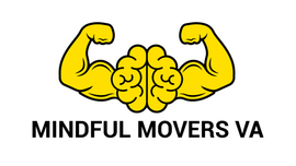 Yellow flexed arms forming a brain over &ldquo;MINDFUL MOVERS VA&rdquo; text logo