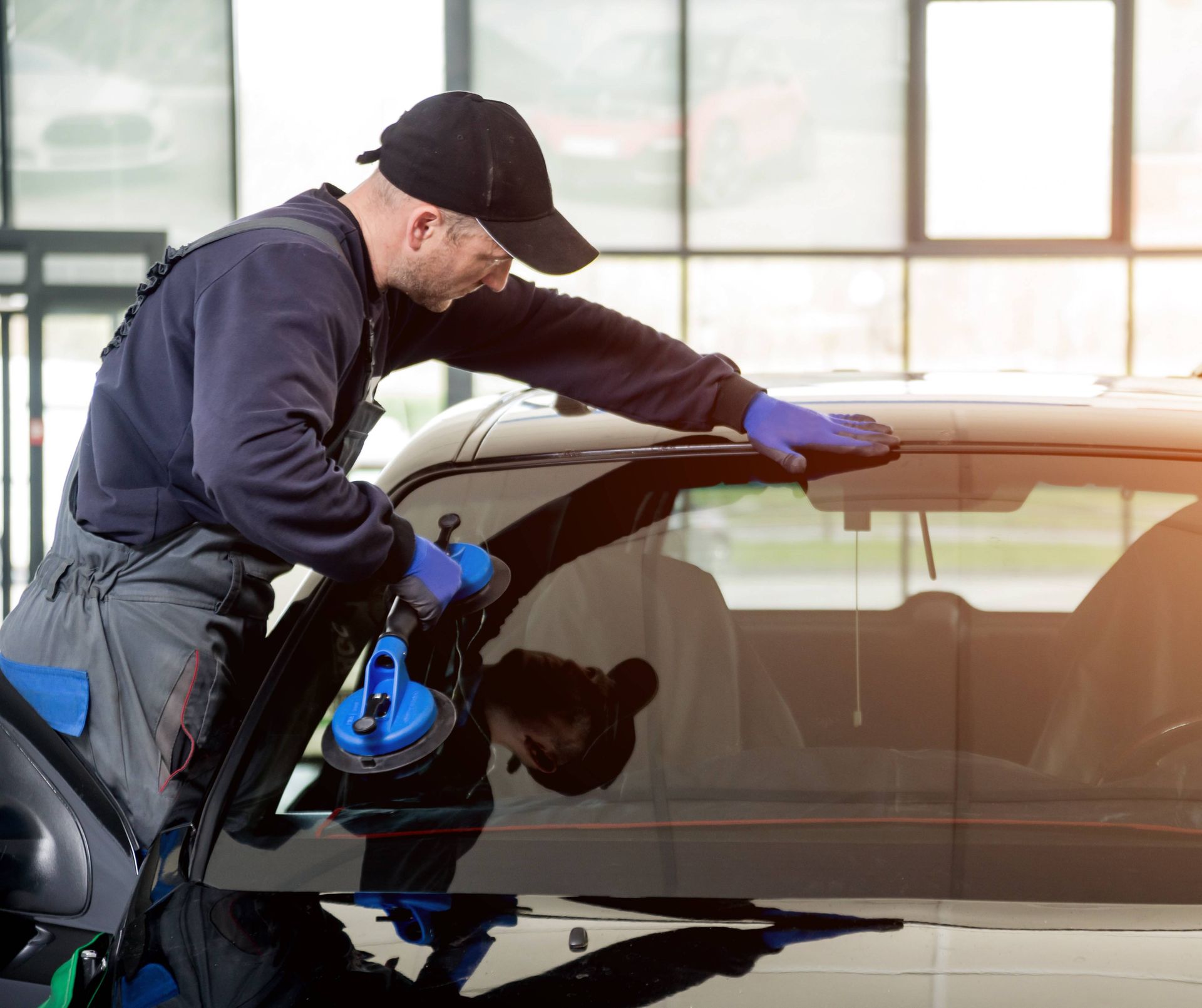 A man is installing a windshield on a car