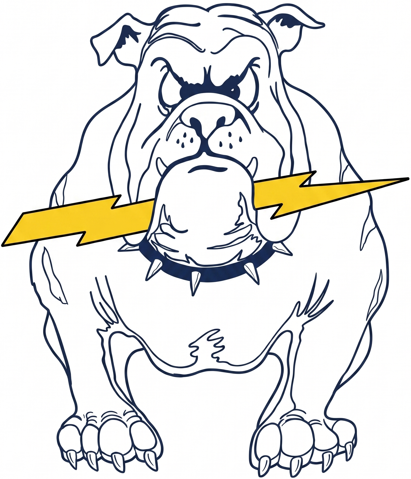 Angry white bulldog logo with a yellow lightning bolt across its face.