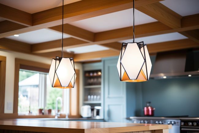 Modern kitchen with two geometric pendant lights, wood ceiling beams, and a light blue wall.