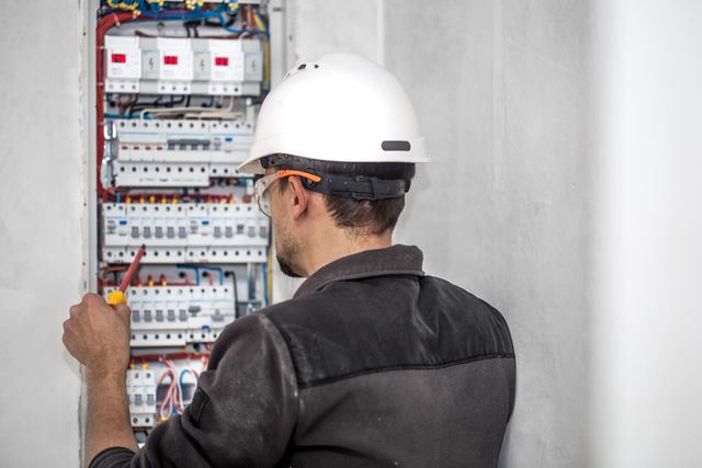 Electrician inspecting a breaker panel with a voltage tester in a gray utility room