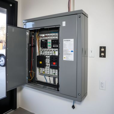 Open electrical breaker panel in a gray metal cabinet mounted on a wall.