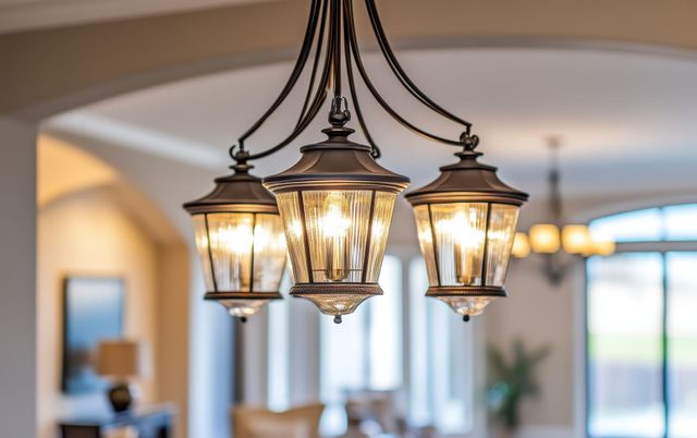 Hanging lantern chandelier with warm lights in a bright, modern home interior