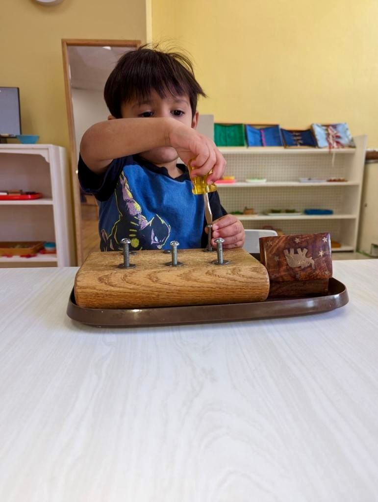 montessori child working with practical life activity