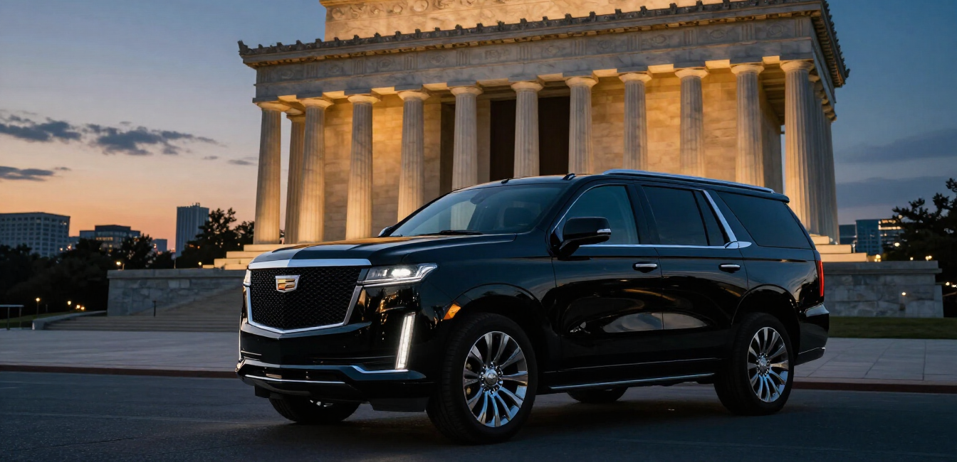 Black Cadillac SUV parked at dusk in front of a lit neoclassical building