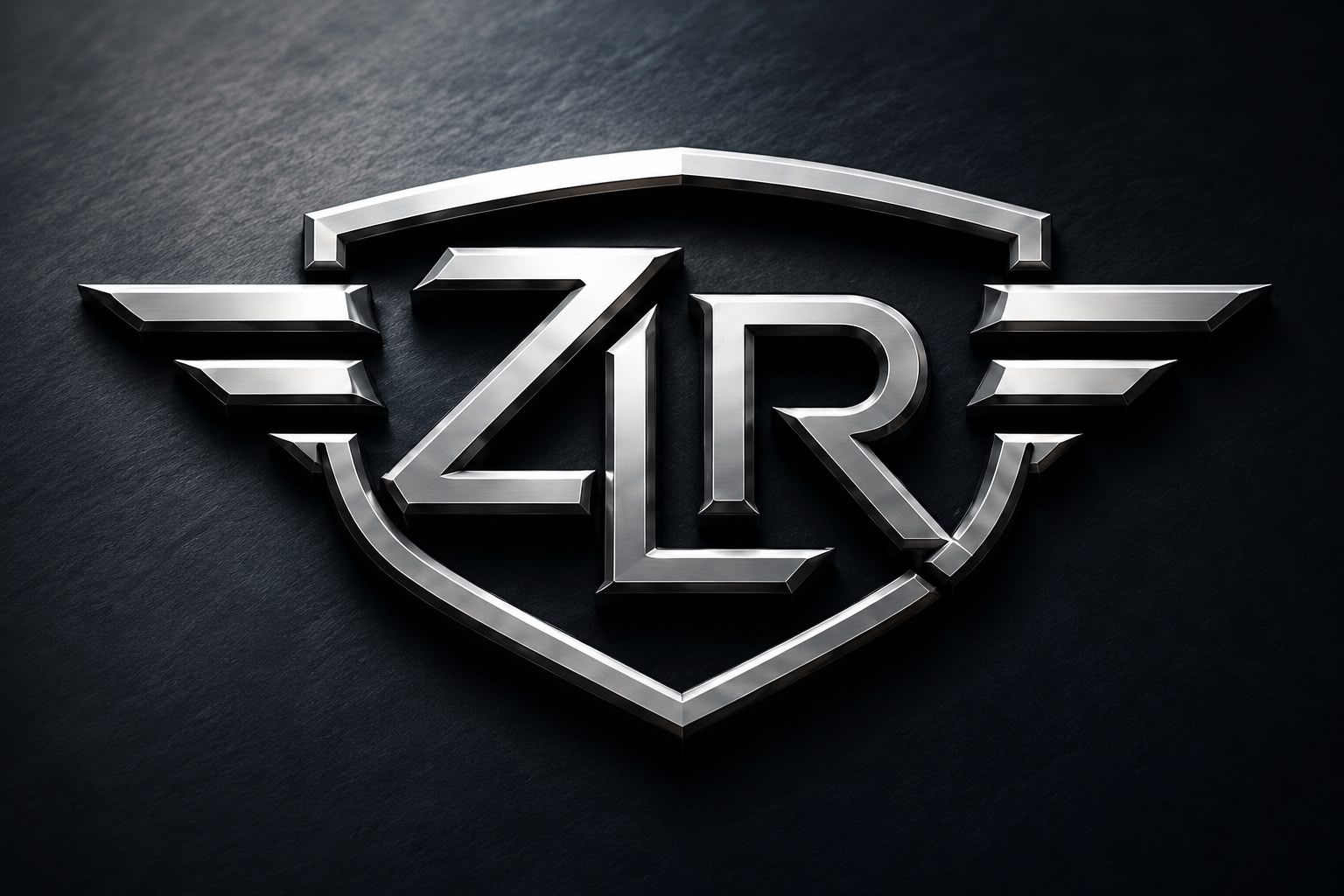 Stylized silver ZLR logo with winged emblem on dark textured background