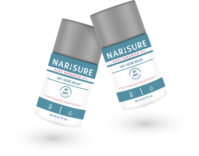 Two bottles of Narisure nasal ointment, dry nose relief, on a white background. The bottles are white with gray caps and teal labels.