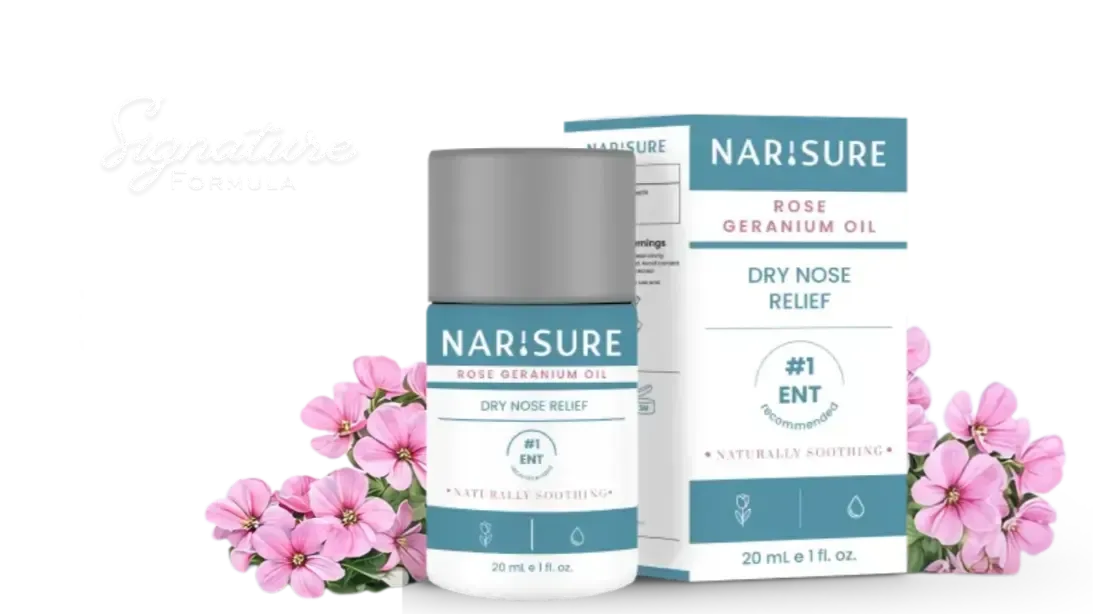 Two bottles of Narisure Dry Nose Relief, angled towards each other. They are white with turquoise and grey accents.