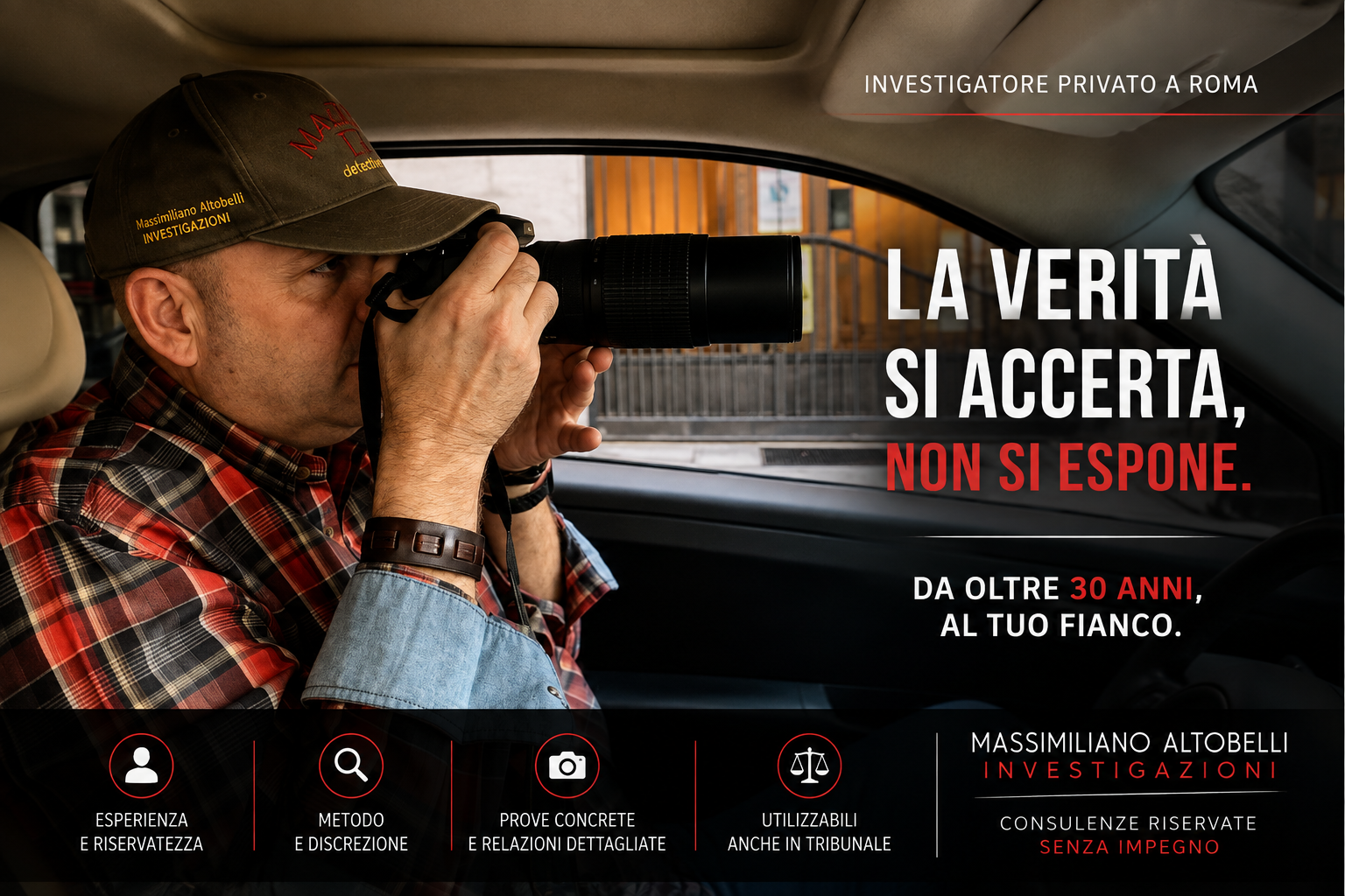 Massimiliano Altobelli, investigatore privato a Roma, durante un’attività investigativa