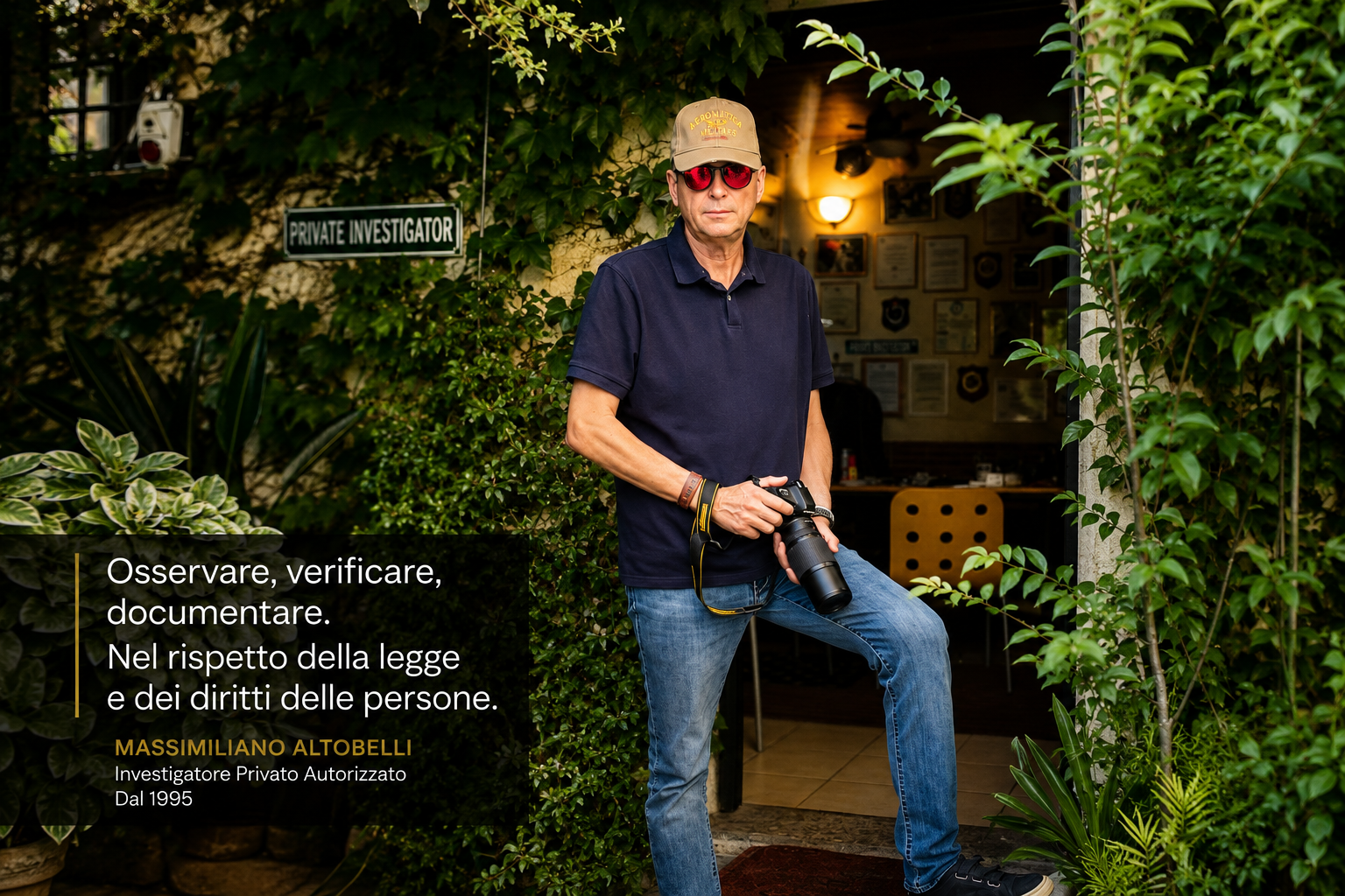 Investigatore privato autorizzato mentre documenta un'attività investigativa con fotocamera professi