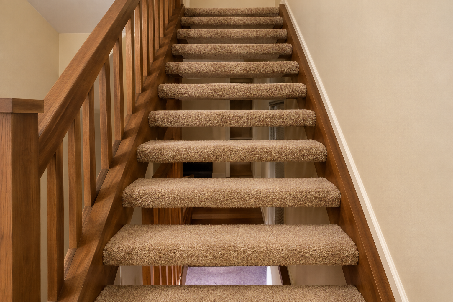 Carpeted indoor staircase with wooden railing, viewed from the bottom looking up