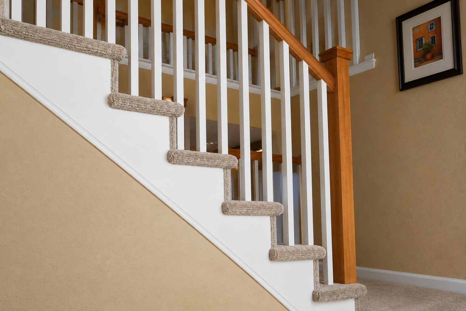 Carpeted staircase with white balusters and wooden handrail in a beige hallway