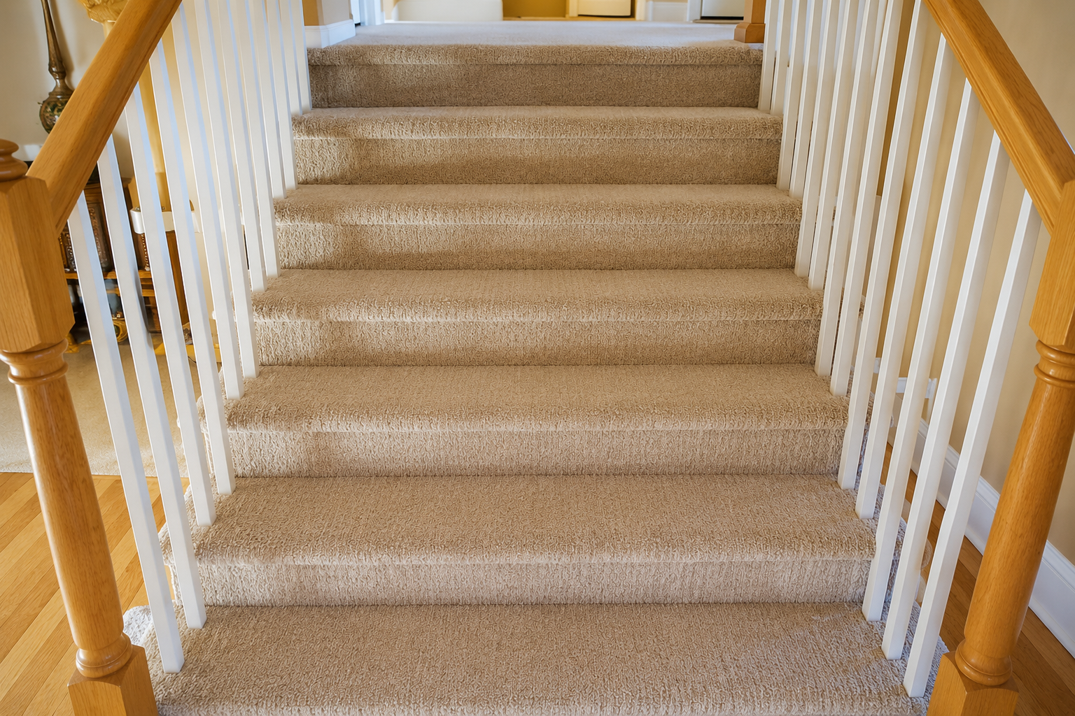 Carpeted staircase with white railings and wooden banisters leading upward inside a home