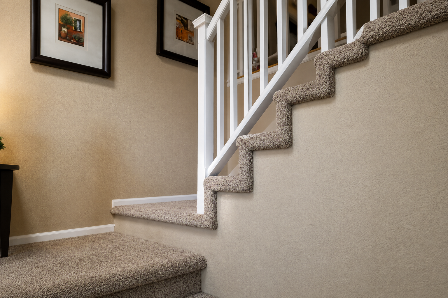 Carpeted staircase with white railing in a beige home interior, with framed wall art nearby