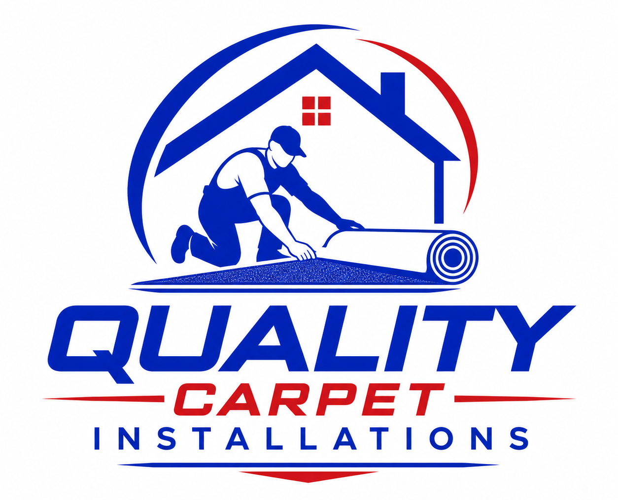 Quality Carpet Installations logo with blue and red house, worker, and carpet roll