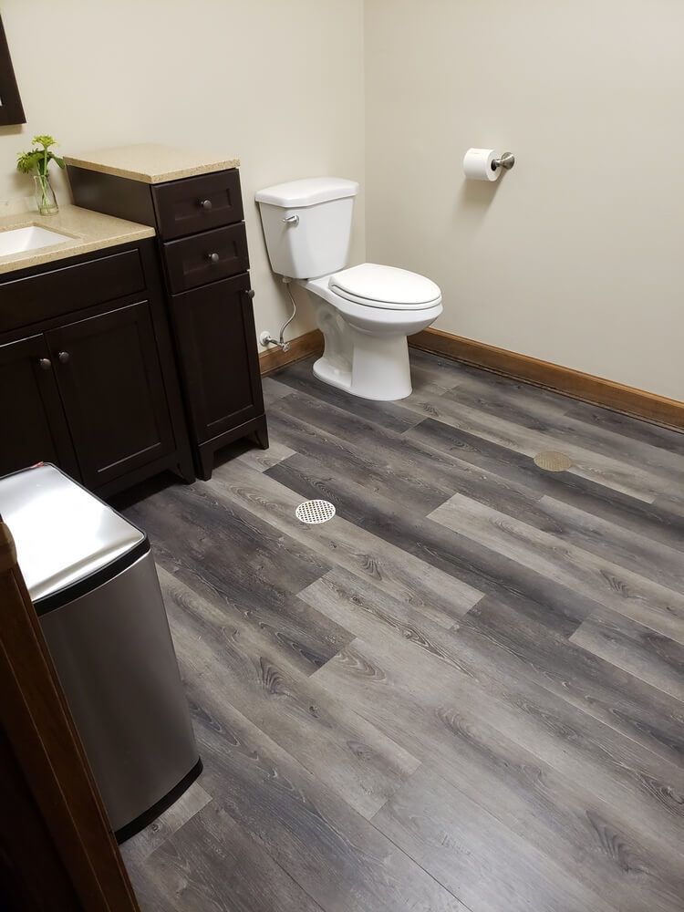 Bathroom with wood-look flooring, toilet, vanity, and stainless steel trash can. Light tan walls.