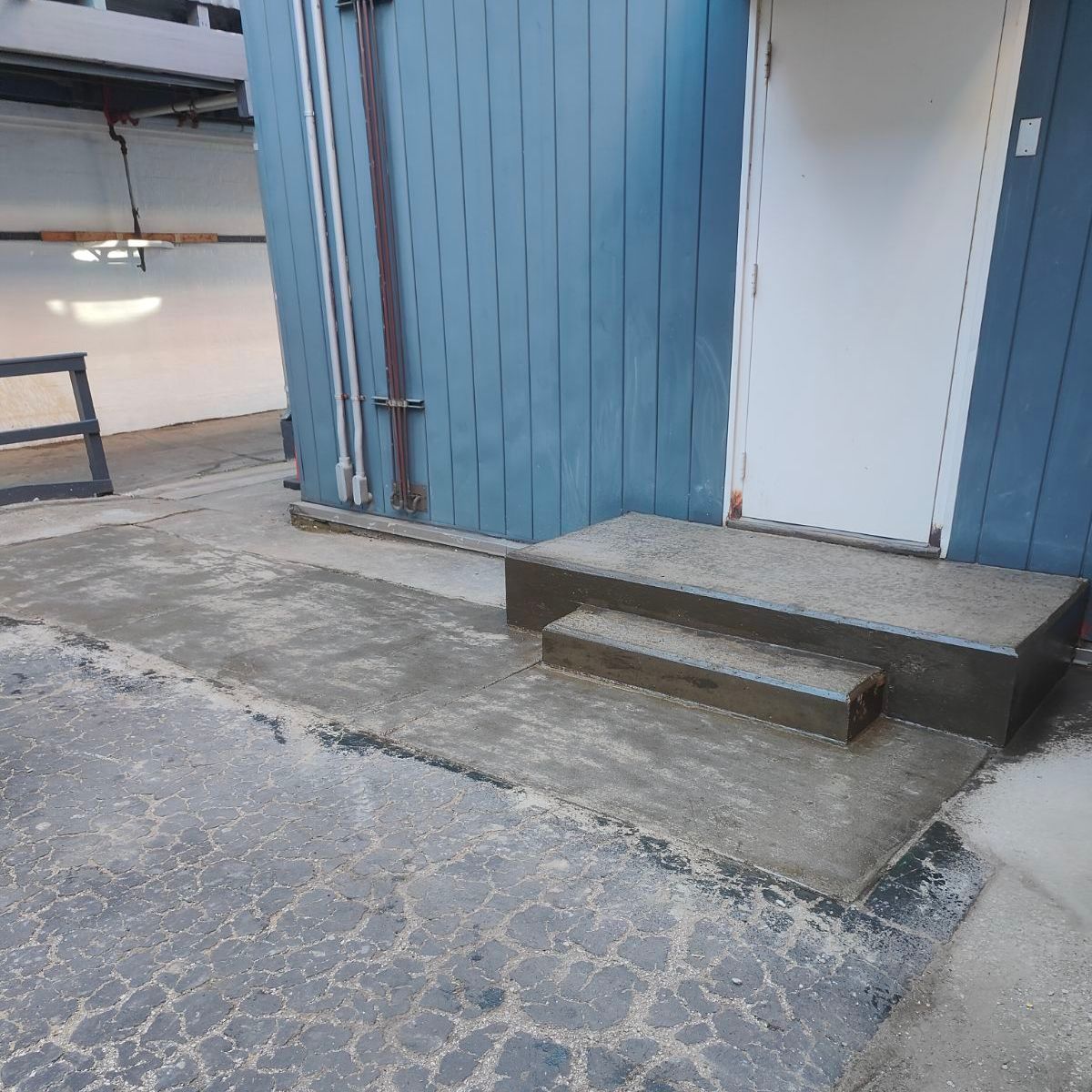 Concrete steps leading to a light-colored door and blue wall. The ground appears cracked.