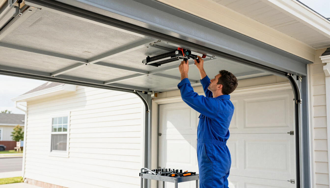 Person in blue shirt installing a garage door opener inside an open garage