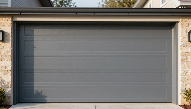 Closed gray garage door beneath a house porch with stone siding and brick trim