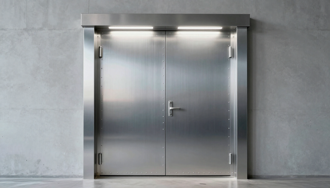 Stainless steel double doors with a small awning in a gray concrete wall