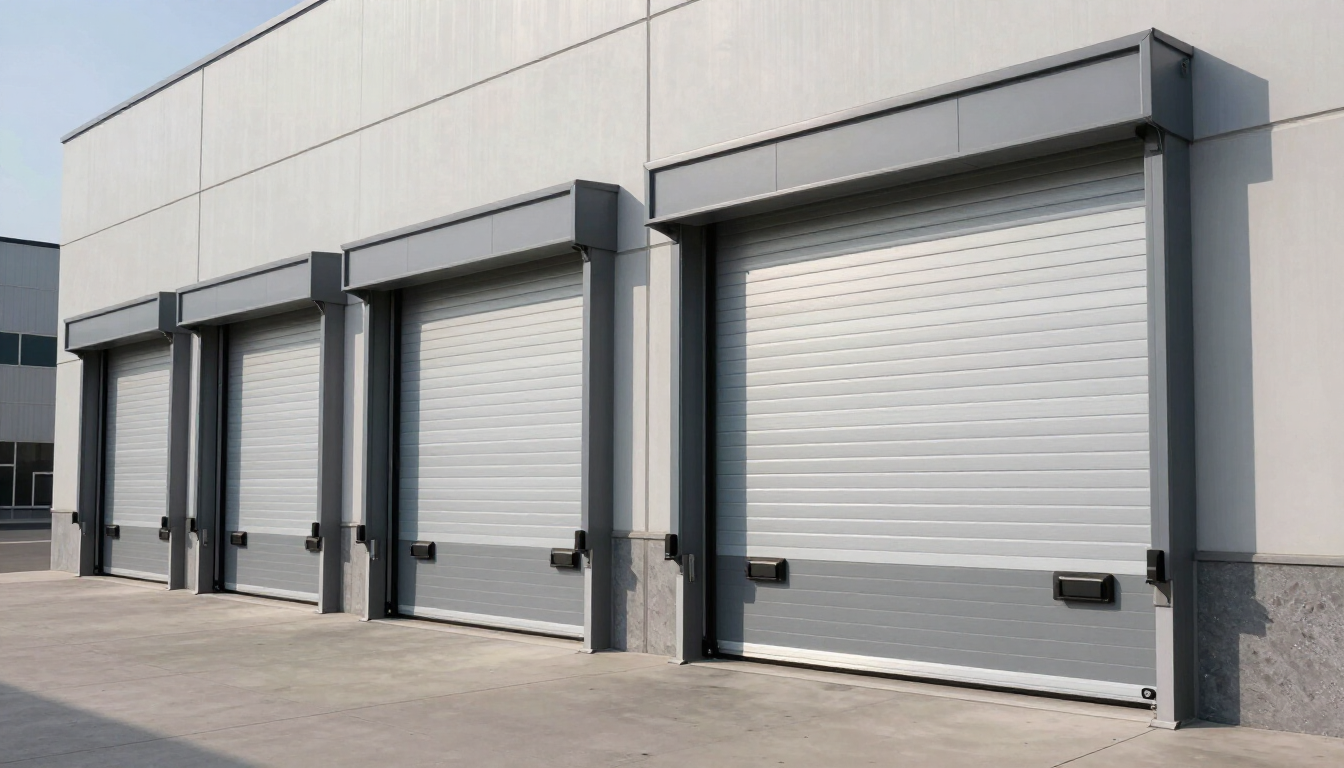 Row of gray industrial loading bay doors on a warehouse exterior.