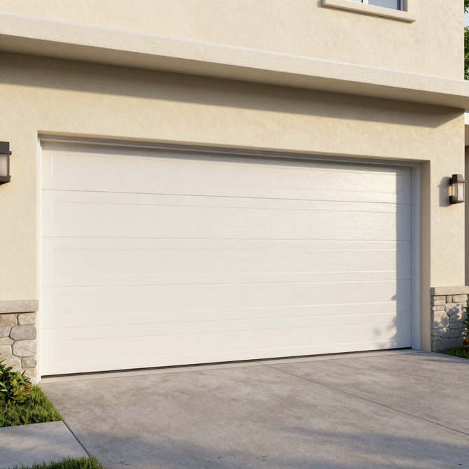 White double garage door on a beige stucco house with a concrete driveway and wall-mounted lights