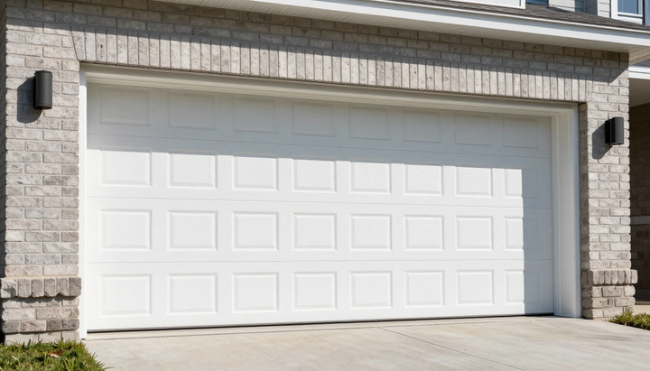 White garage door on a stone house exterior, with two black wall lights and a concrete driveway.