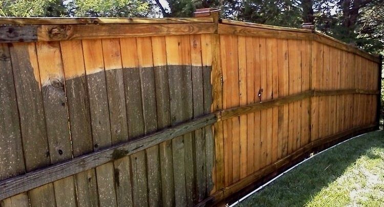 Curved wooden fence with dark weathered boards and a sunlit tan section in a grassy yard