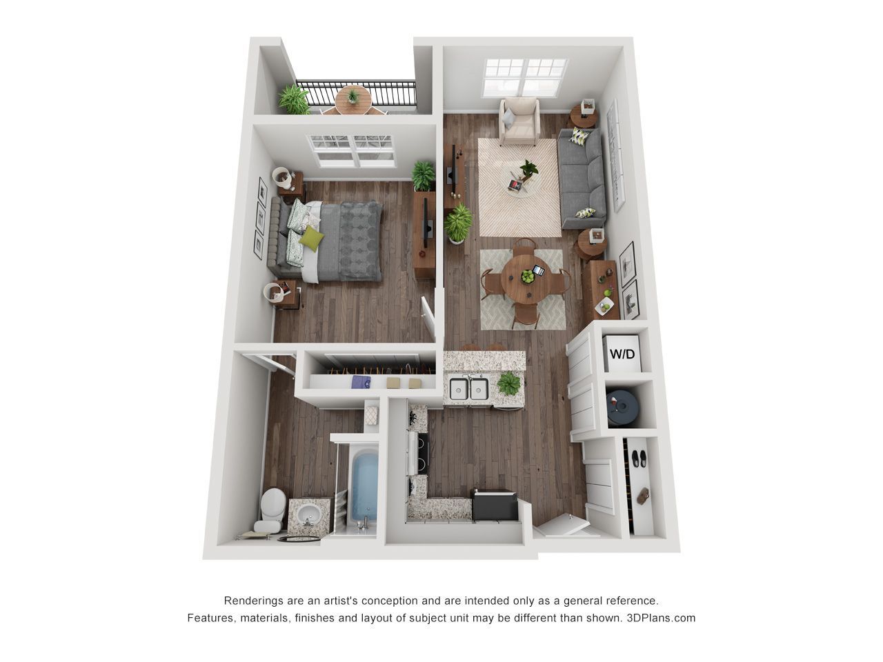 3D floor plan of a small apartment with bedroom, living room, kitchen, bath, and dining area