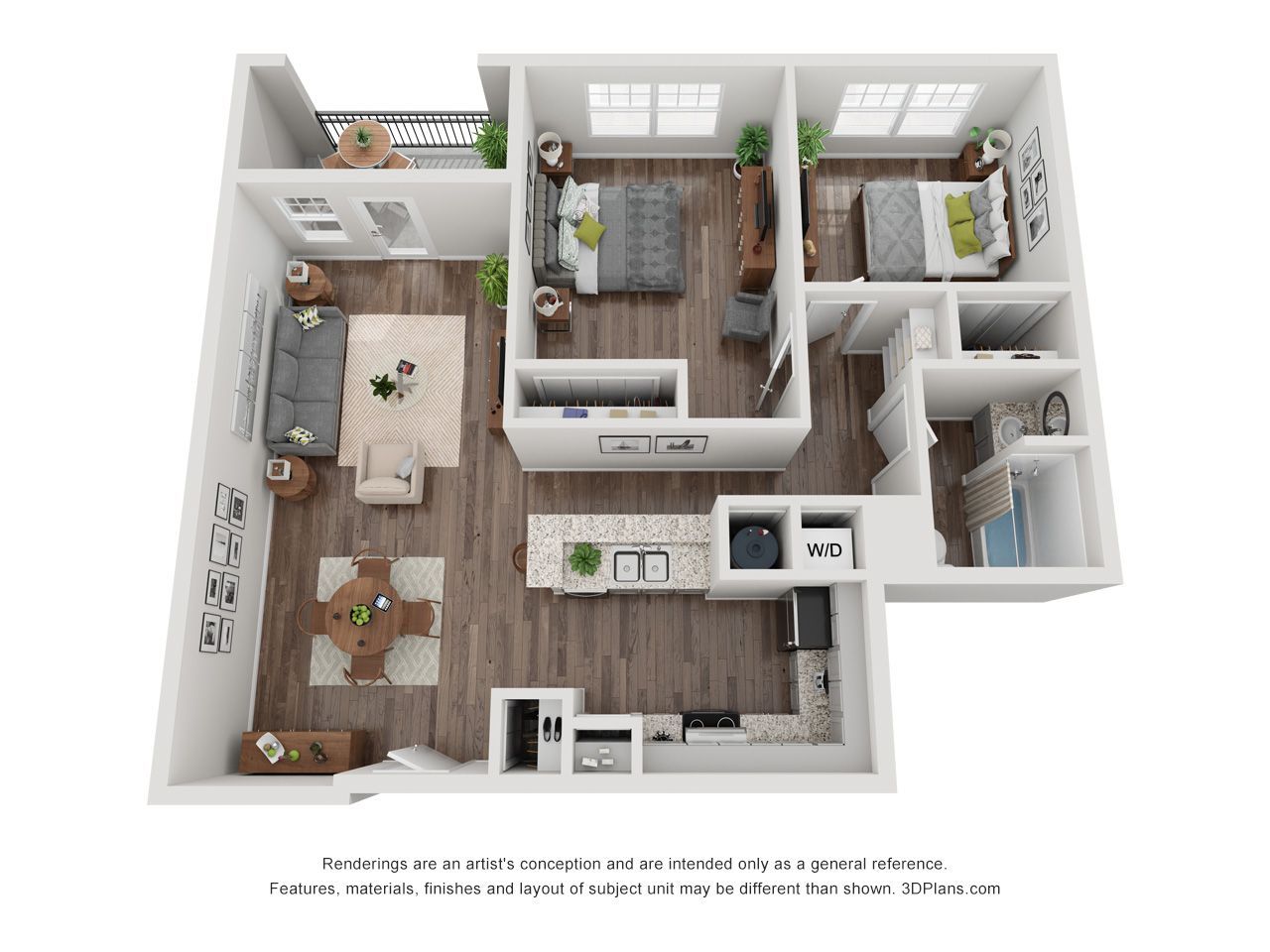 3D floor plan of a furnished apartment with living room, kitchen, two bedrooms, and bathroom