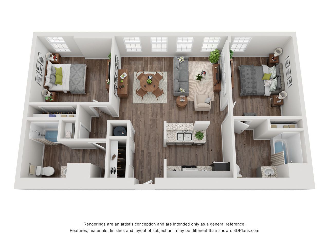 3D floor plan of a modern apartment with bedrooms, bathrooms, and an open living area