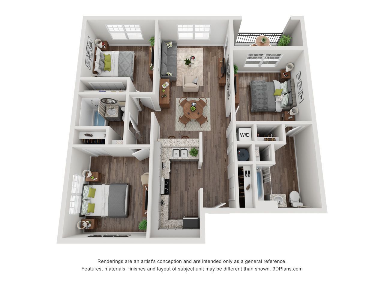 3D floor plan of a modern apartment with bedrooms, bathrooms, kitchen, dining area, and living room