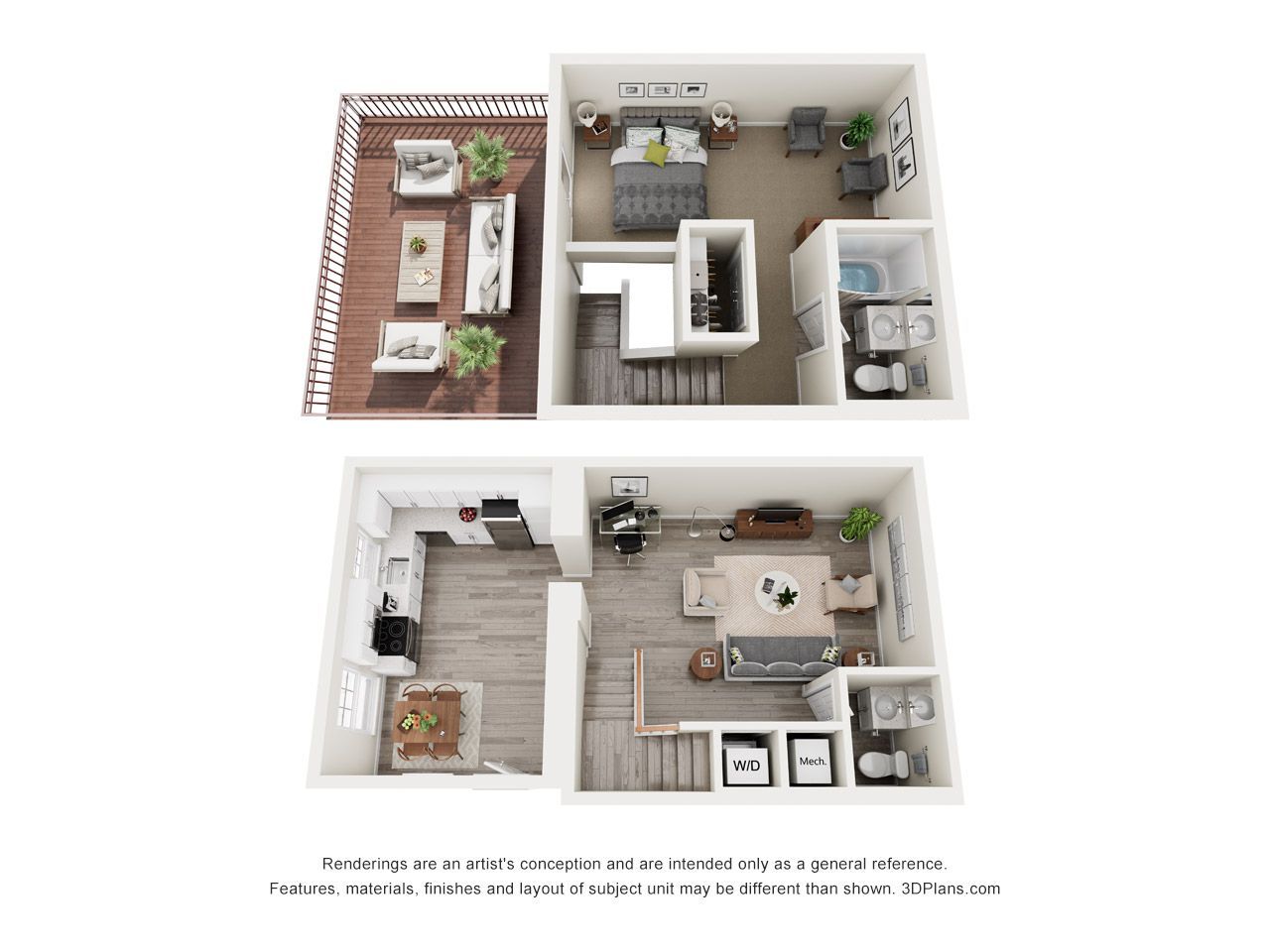 3D floor plan of a small apartment with living room, kitchen, bedroom, and bathroom layouts