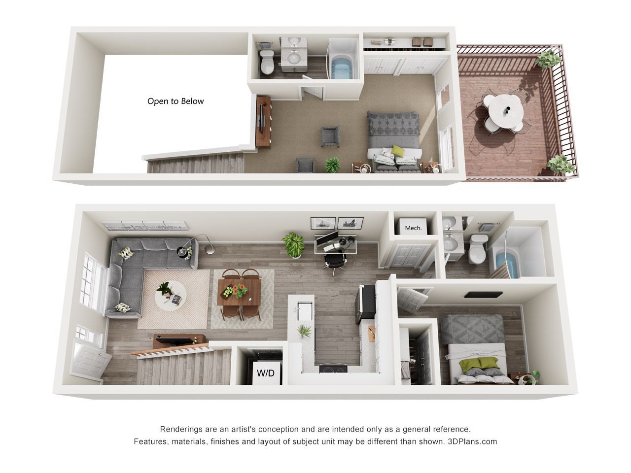 Top-down 3D floor plan of a small apartment interior with living room, bedroom, kitchen, and balcony.