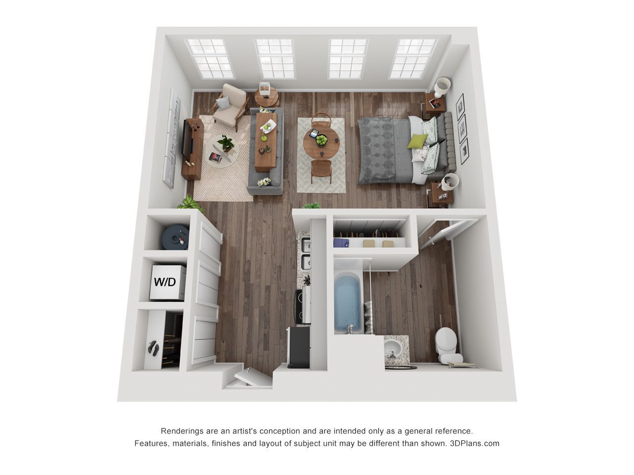 Top-down view of a small modern apartment with living area, kitchen island, bedroom, and bathroom.