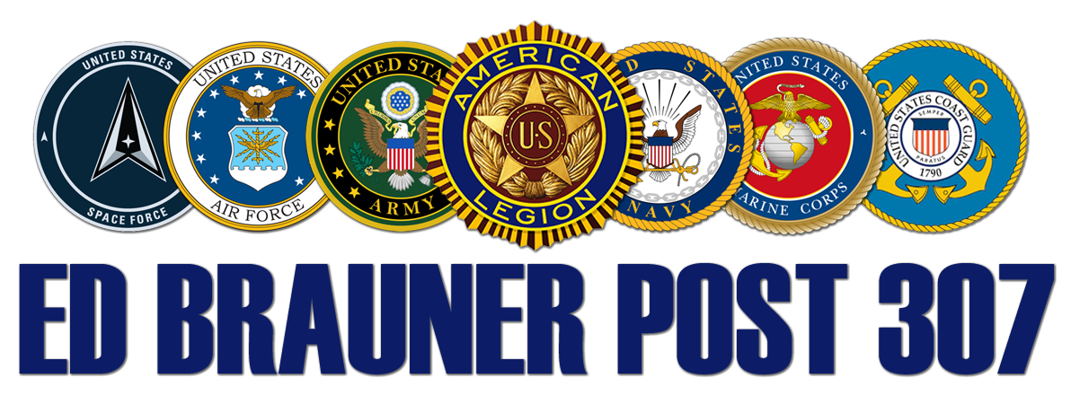 Veterans emblems above bold blue text reading “ED BRAUNER POST 307”