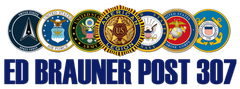 Veterans emblems above bold blue text reading “ED BRAUNER POST 307”