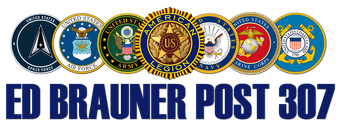 Veterans emblems above bold blue text reading “ED BRAUNER POST 307”
