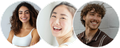 Three smiling headshots in circular frames on a white background