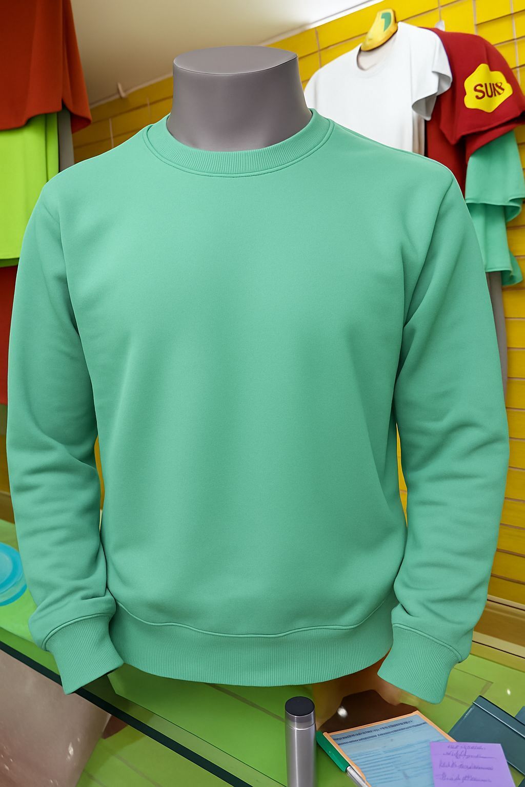 Una sudadera de cuello redondo y manga larga de color verde menta expuesta en un maniquí en una tienda.