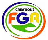 Logotipo de FGR Creations con las letras FGR en naranja, azul y amarillo dentro de un marco ovalado verde.