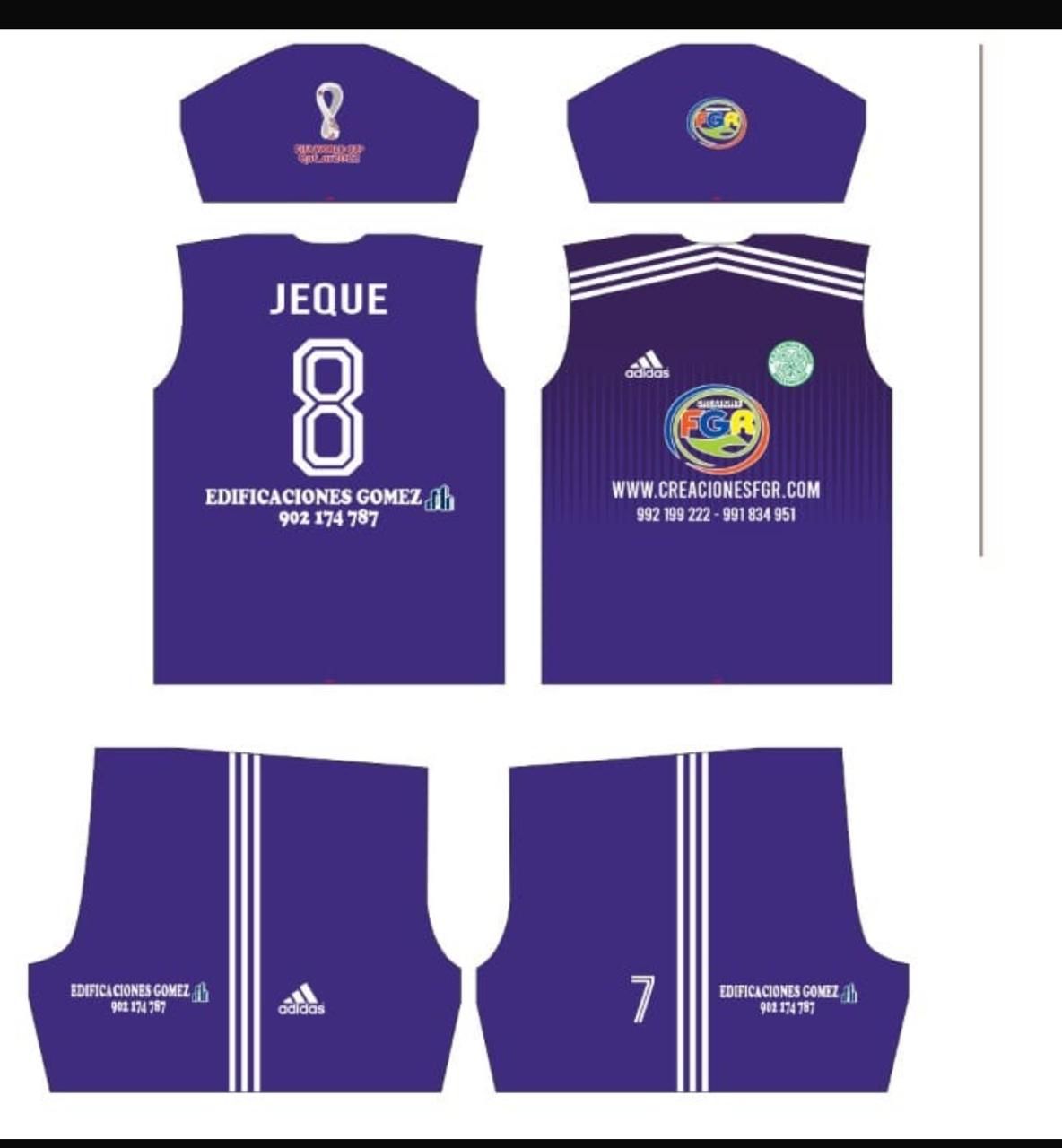 Plantilla de diseño para una camiseta de fútbol morada con logotipos, números de jugador y texto de marca.