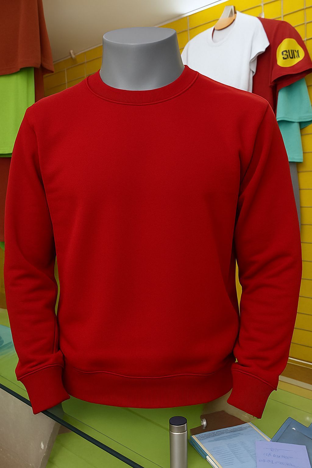 Una sudadera roja de manga larga y cuello redondo expuesta en un maniquí en una tienda de ropa.