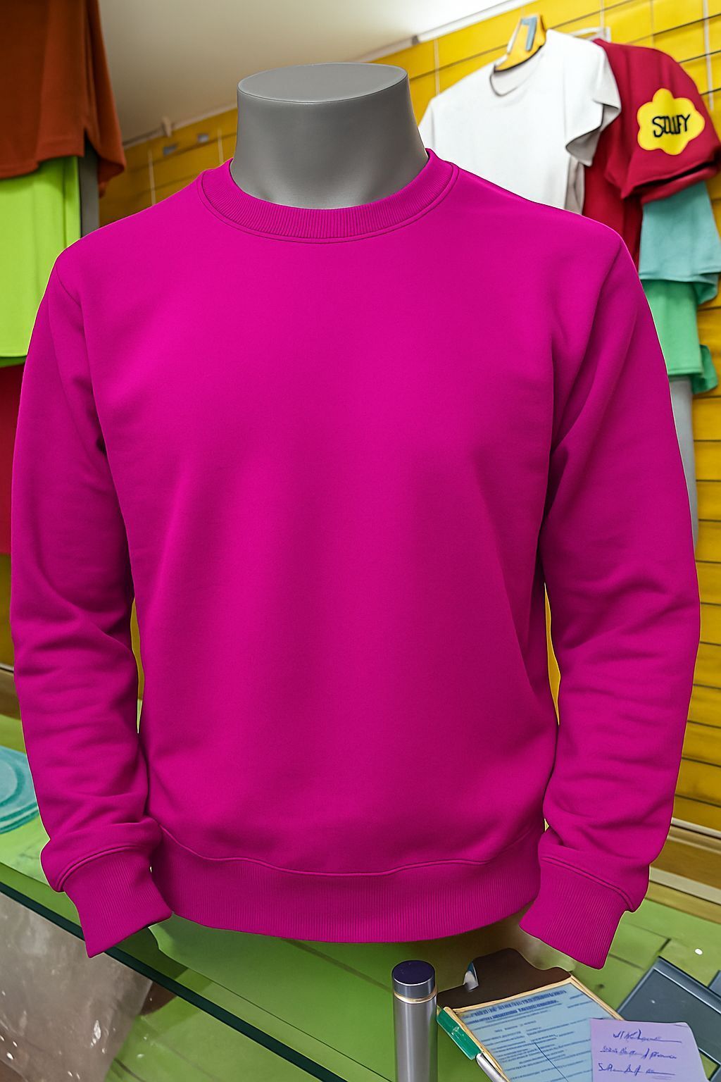 Una sudadera rosa brillante de manga larga y cuello redondo expuesta en un maniquí en una tienda.