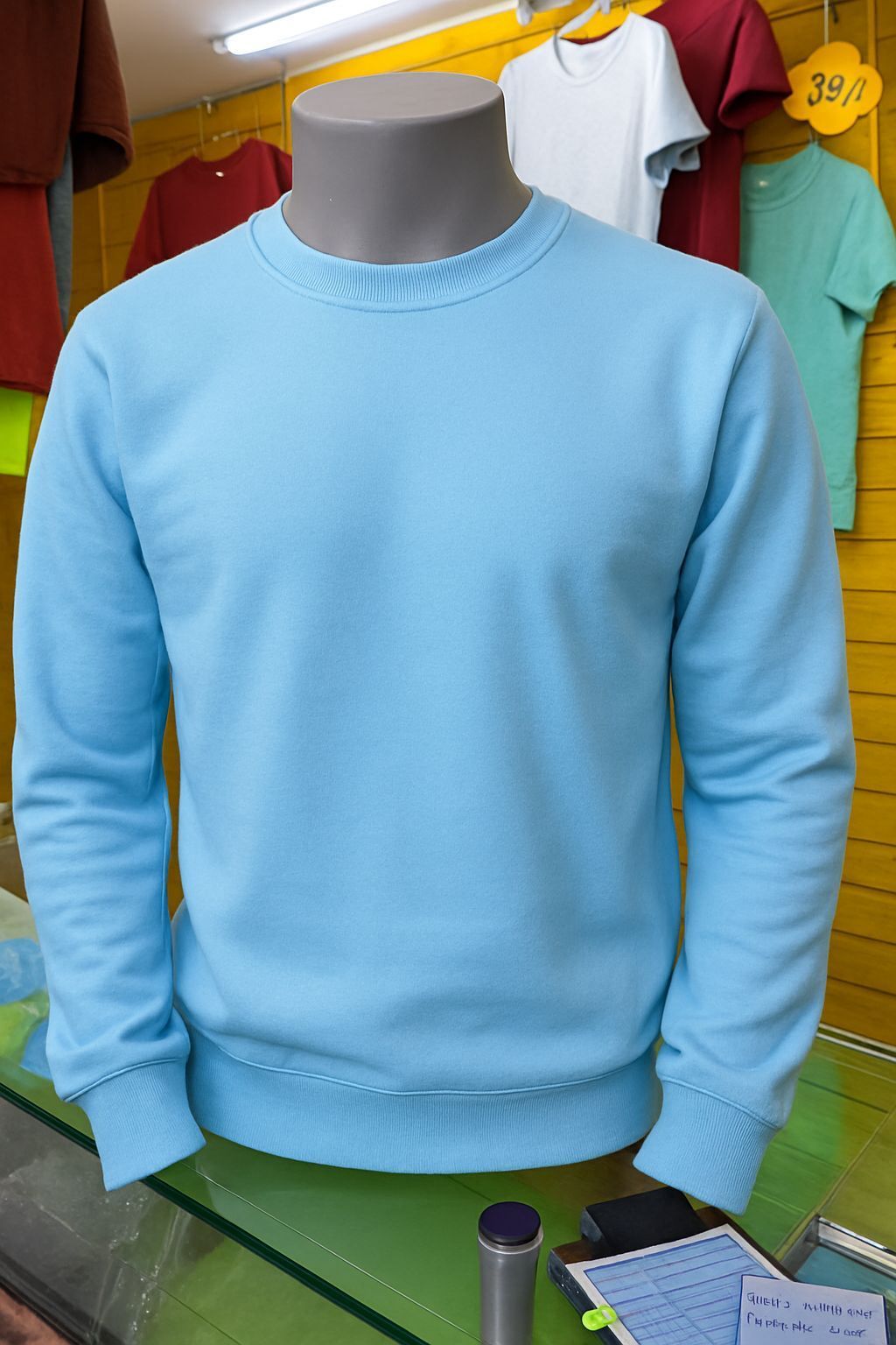 Una sudadera azul claro de cuello redondo expuesta en un maniquí dentro de una tienda.