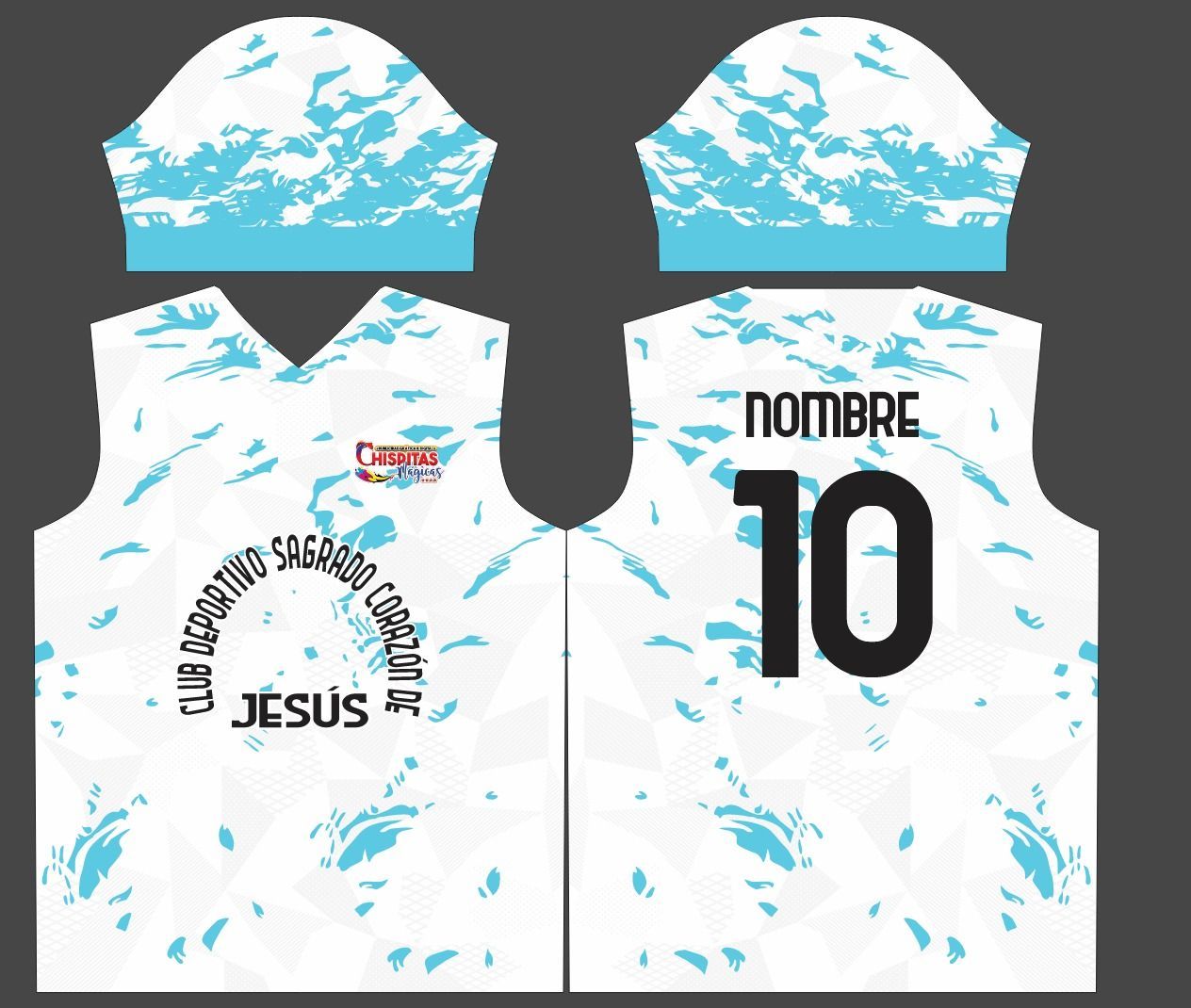 Maqueta digital frontal y trasera de una camiseta deportiva blanca con estampado