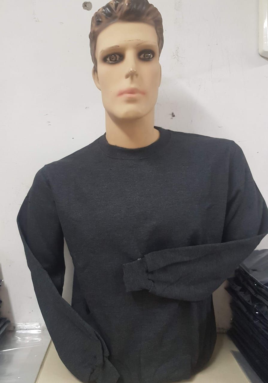 Un maniquí con una camiseta de manga larga y cuello redondo de color gris carbón, colocado frente a una pared blanca.