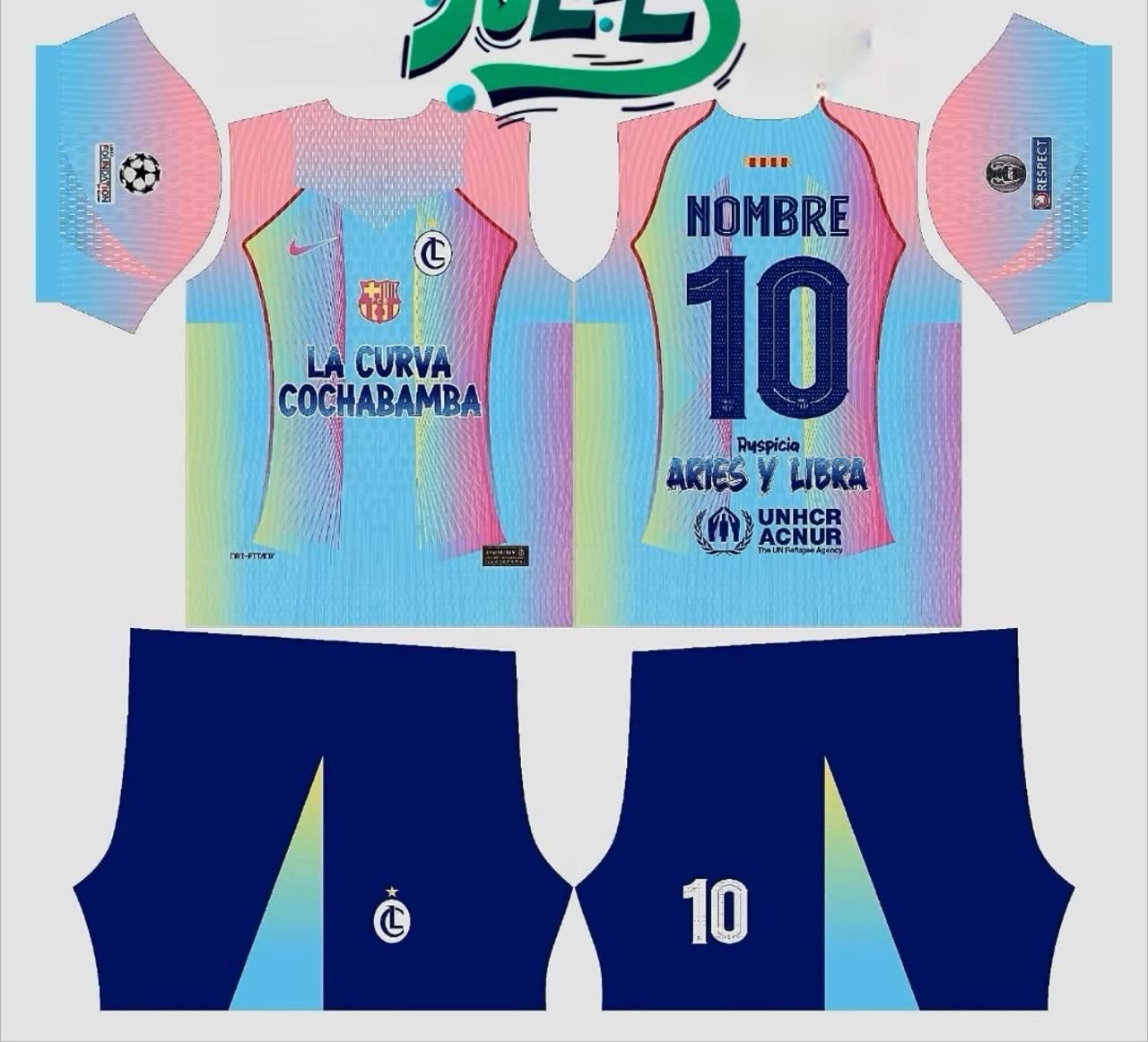 Maqueta digital de un uniforme de fútbol con degradado azul 